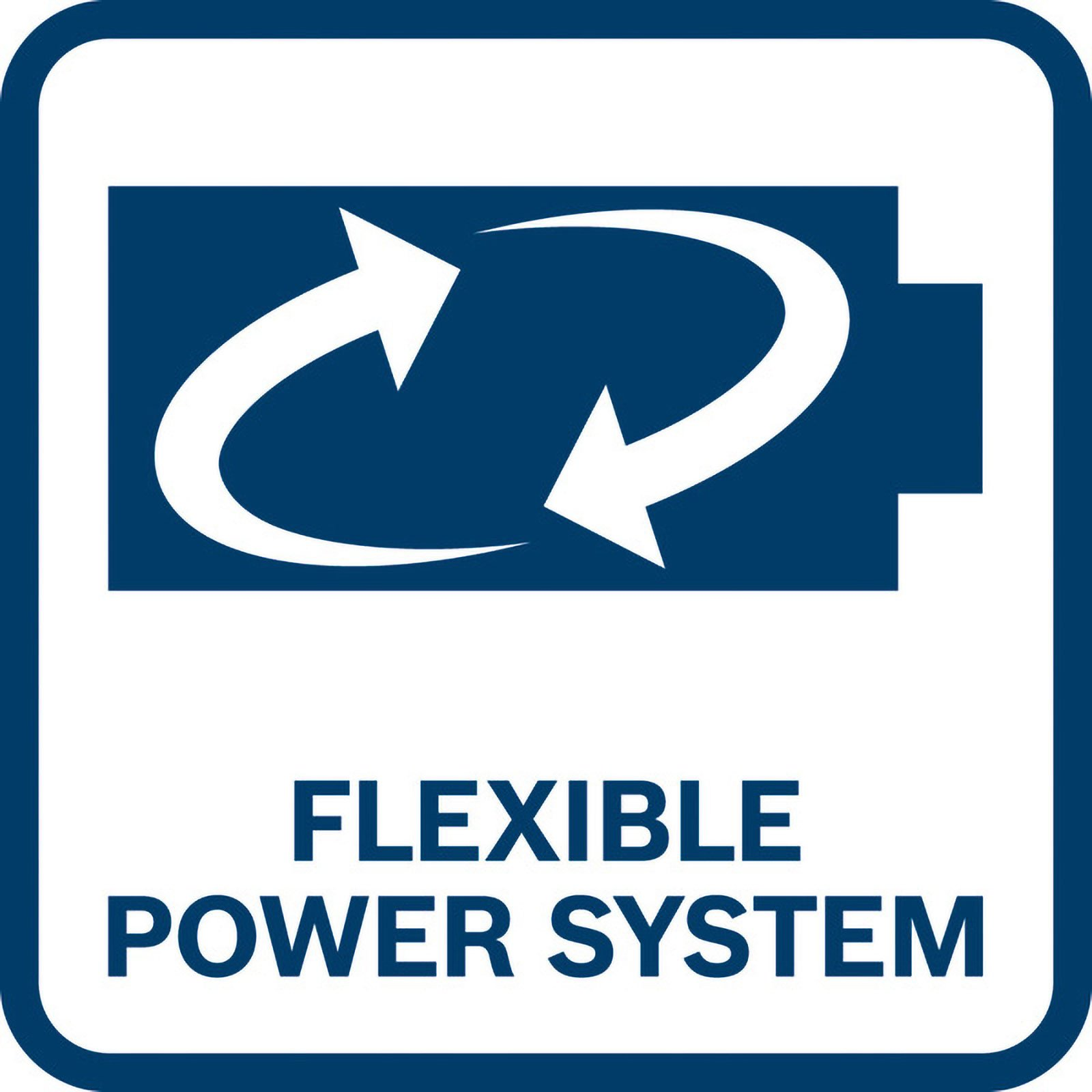 Niebieski kwadrat z symbolem baterii i napisem 'FLEXIBLE POWER SYSTEM'.