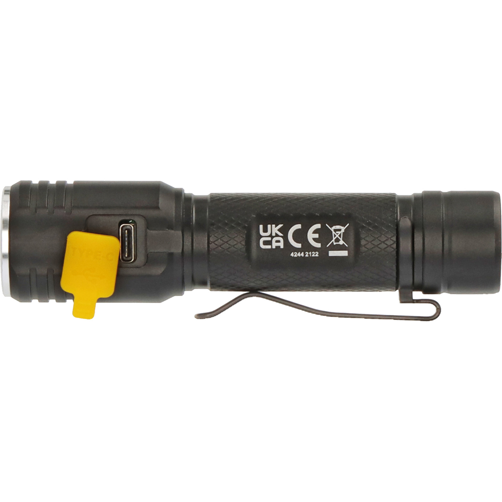 Czarna latarka z żółtą osłoną portu USB, klipsem i białym tekstem.