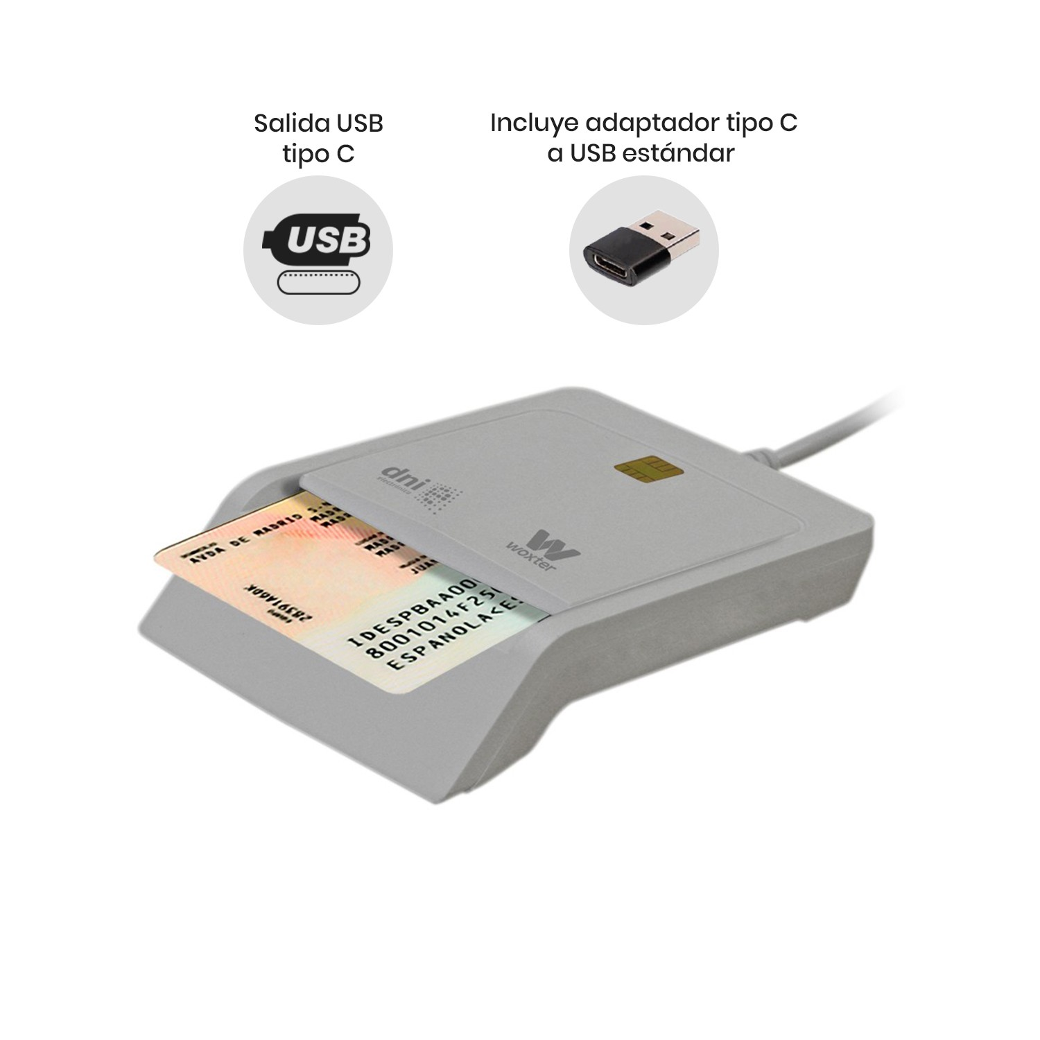 Un lettore di schede grigio ha una scheda DNI. Mostra simboli di connessione USB-C e USB standard.