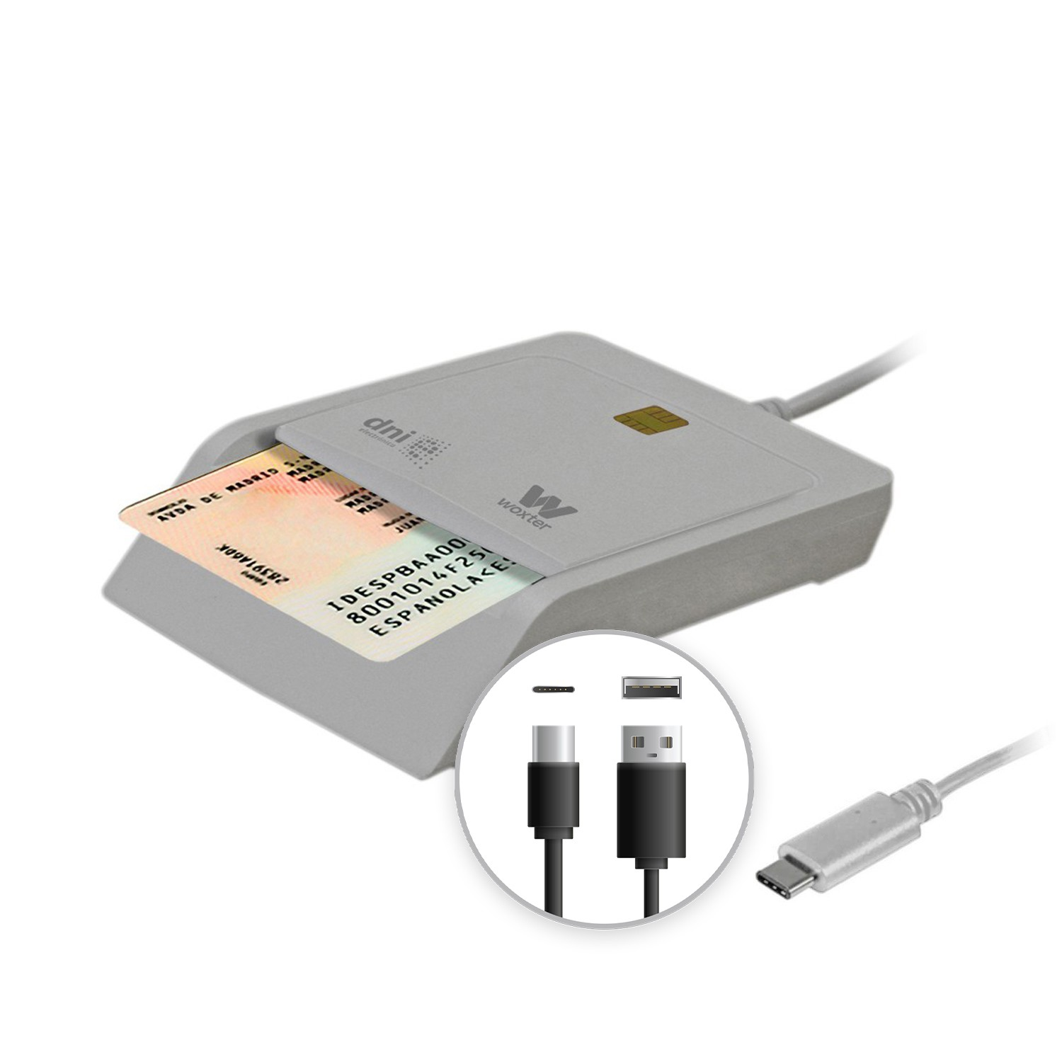 Un lettore di carte grigio con una carta DNI inserita. Sono mostrati due cavi, USB-C e USB. Il logo Woxter è visibile.