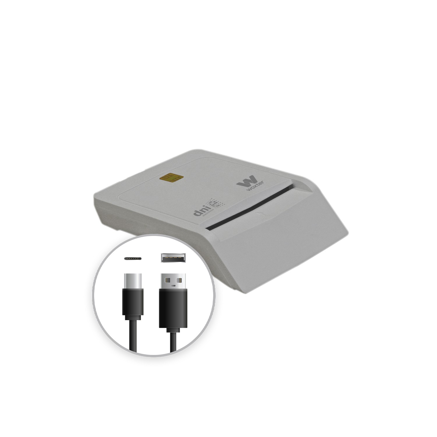Un lettore di carte bianco con un cavo USB e USB-C. Il lettore ha un logo Woxter bianco e il logo DNIe.