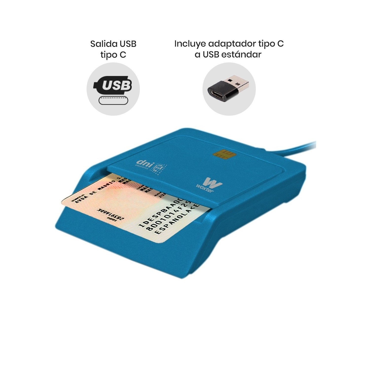 Un lector de tarjetas azul con una tarjeta DNI. Muestra símbolos de conexión USB-C y USB estándar.