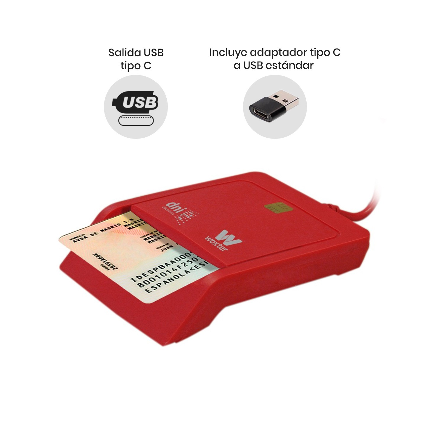 Lector de tarjetas rojo con tarjeta DNI insertada, mostrando la tarjeta y el logotipo de Woxter. Cables USB y USB-C.