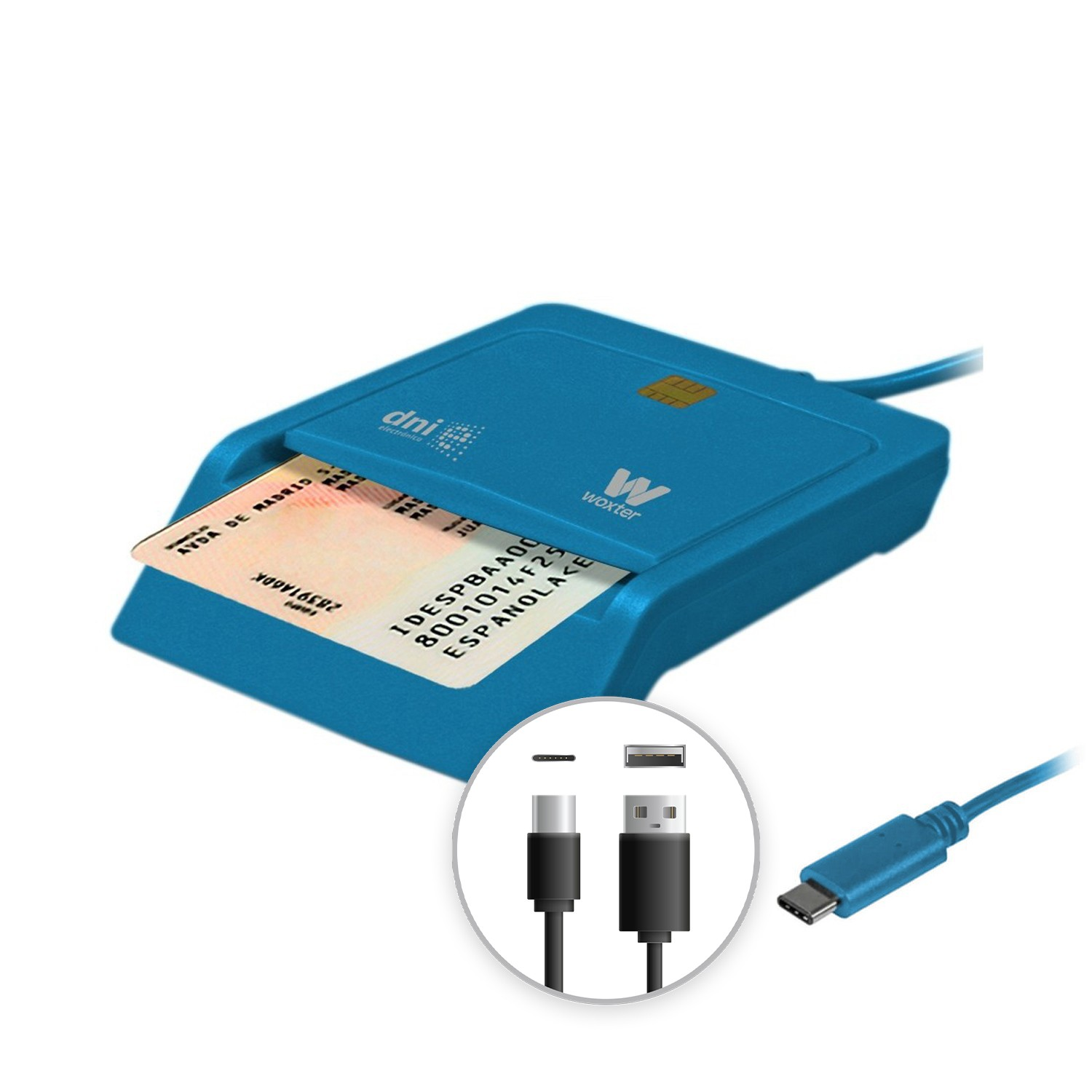 Lector de tarjetas azul con tarjeta DNI insertada. La tarjeta y el logotipo de Woxter son visibles. Cables USB y USB-C.