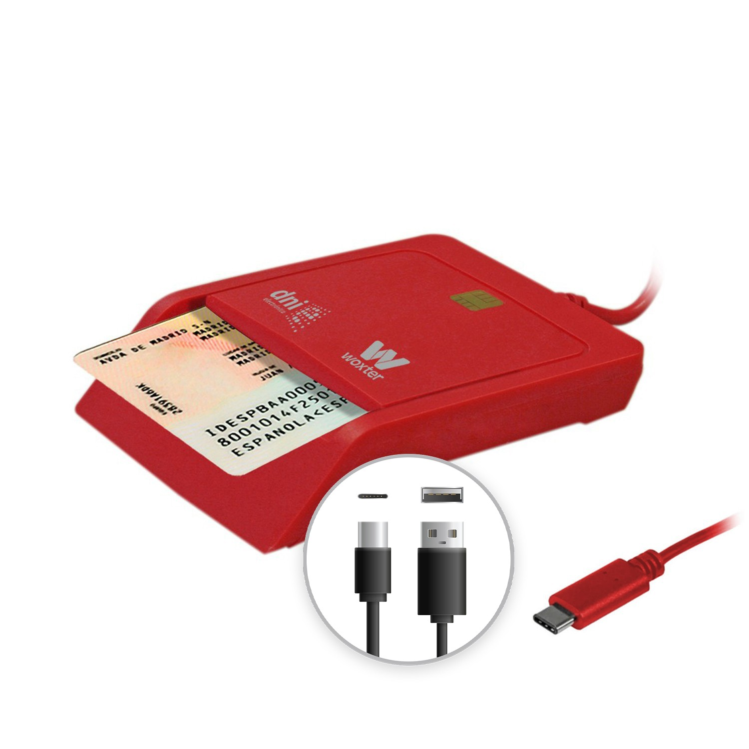 Un lector de tarjetas rojo con una tarjeta DNI insertada y conectores USB-C y USB-A mostrados.