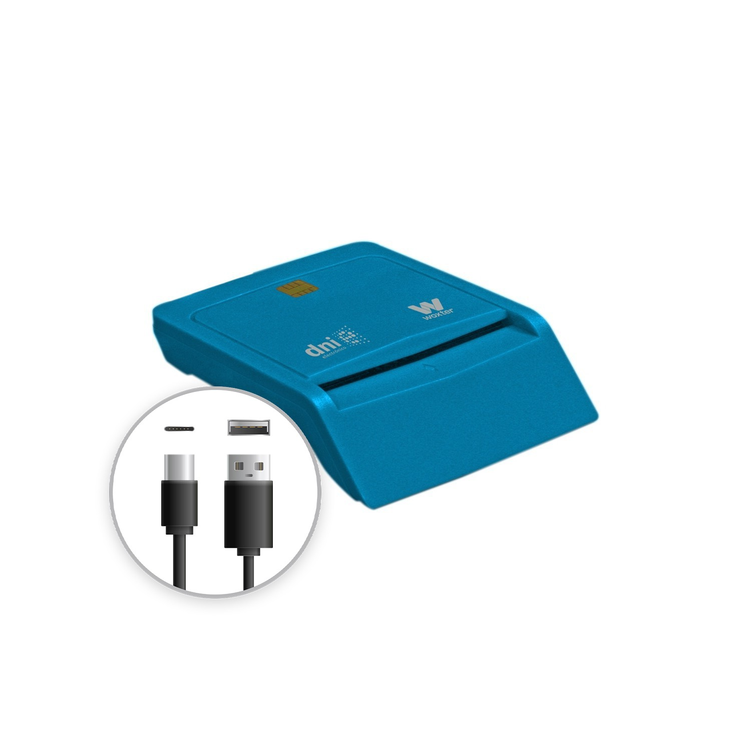 Un lector de tarjetas azul con conectores USB-C y USB mostrados.