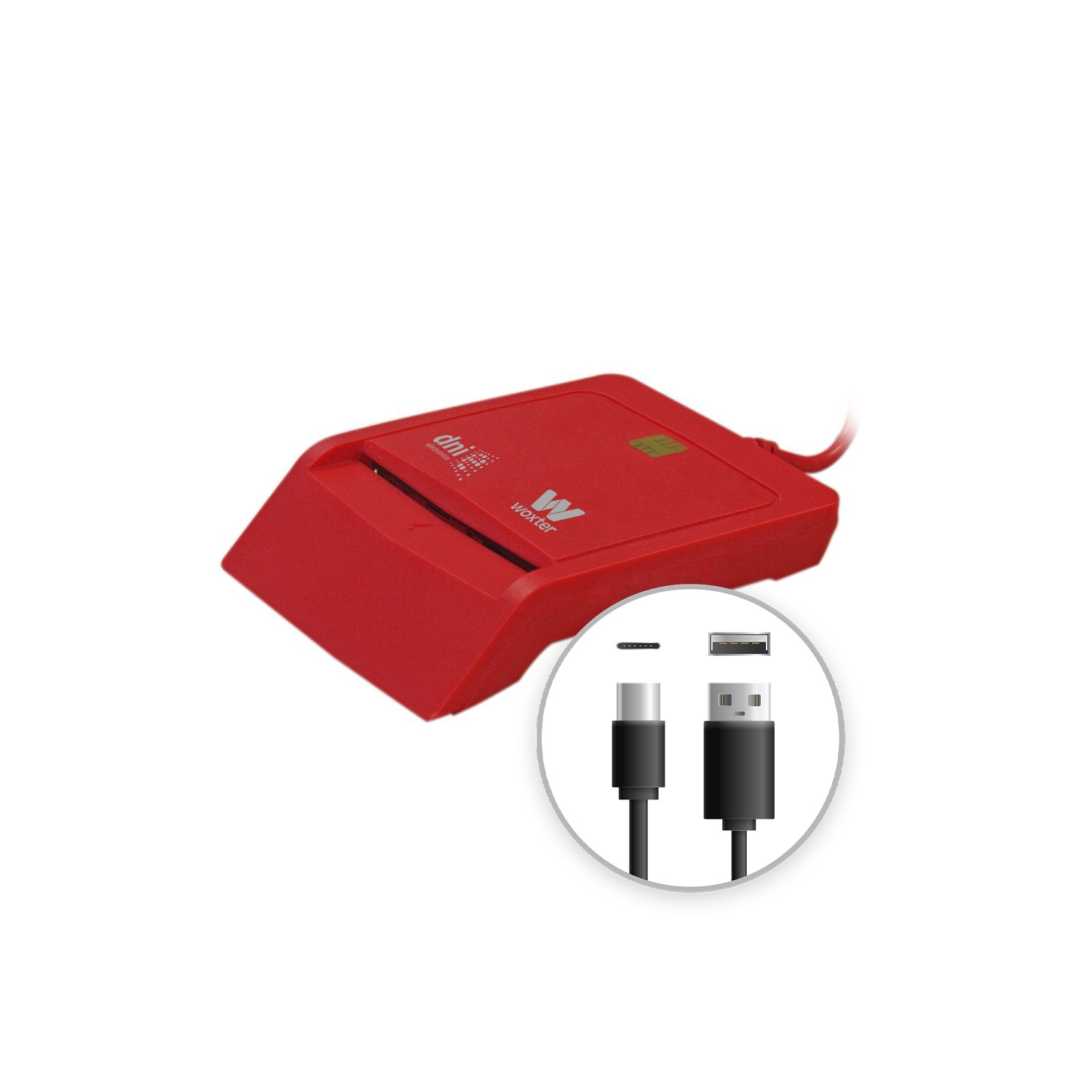 Un lector de tarjetas rojo con cable USB-C y USB. El lector tiene los logotipos DNIe y Woxter. Fondo blanco.