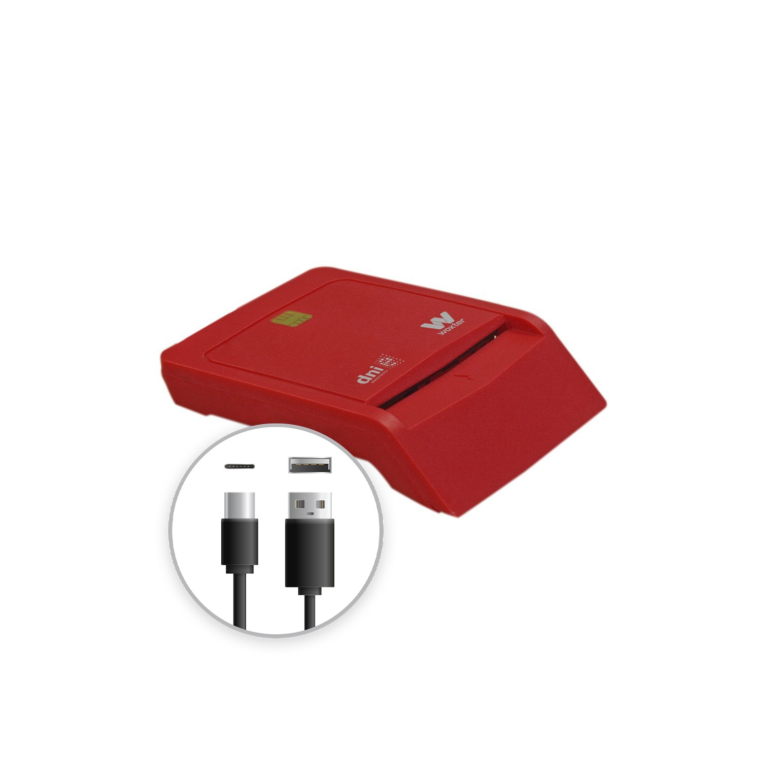 Lector de tarjetas rojo con conectores USB y USB-C. El dispositivo está sobre un fondo blanco.