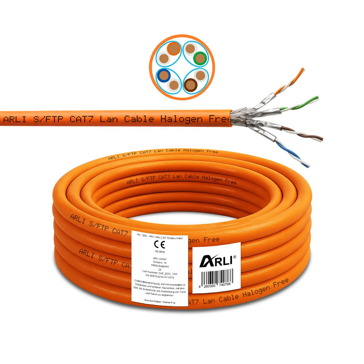 Oranges ARLI S/FTP CAT7 Lan Cable Halogen Free, aufgerollt, mit einem abgeschnittenen Ende, das Drähte zeigt, auf weißem Hintergrund.
