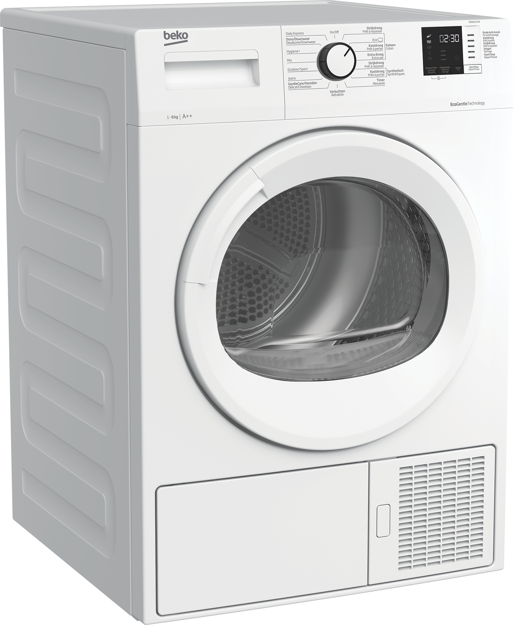 Asciugatrice bianca Beko con porta rotonda, pannello di controllo e display, su sfondo bianco.
