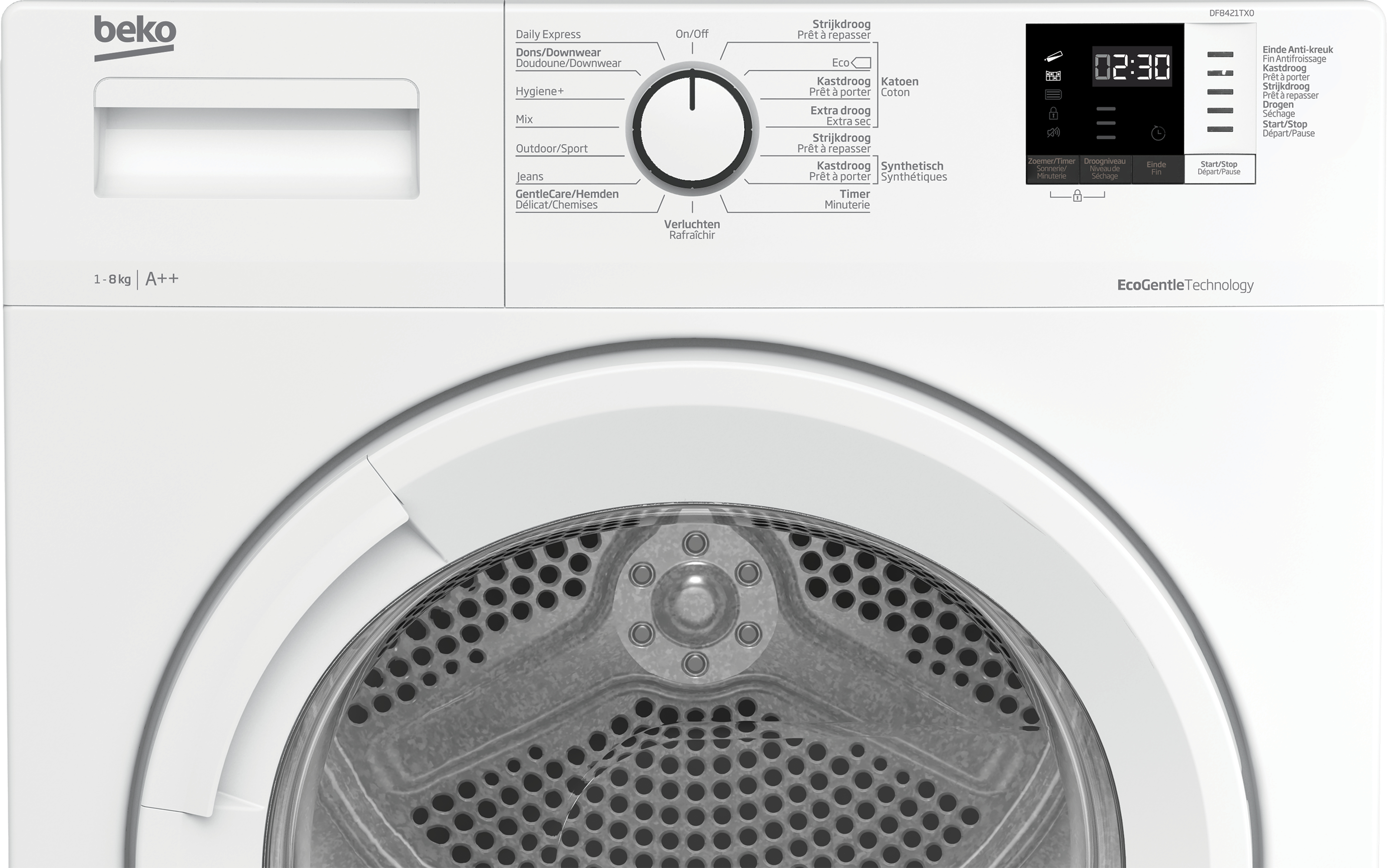 Primo piano di un'asciugatrice Beko bianca con pannello di controllo e display, su uno sfondo bianco.