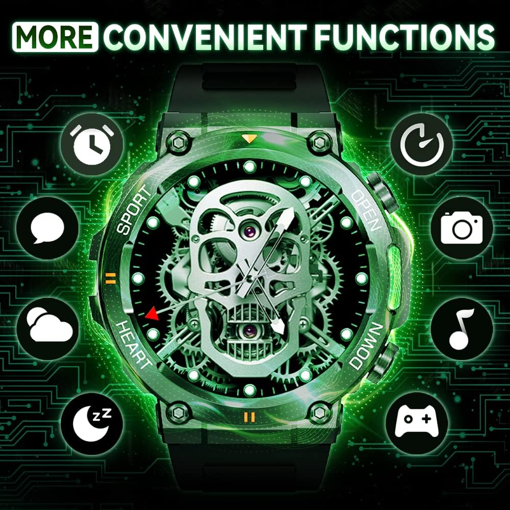 Smartwatch verde con un design a teschio sullo schermo. Varie icone circondano il quadrante dell'orologio.