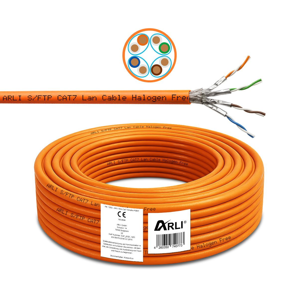 Orange Ethernet-Kabelrolle mit freiliegenden Drähten, einem Etikett und dem Text ARli.