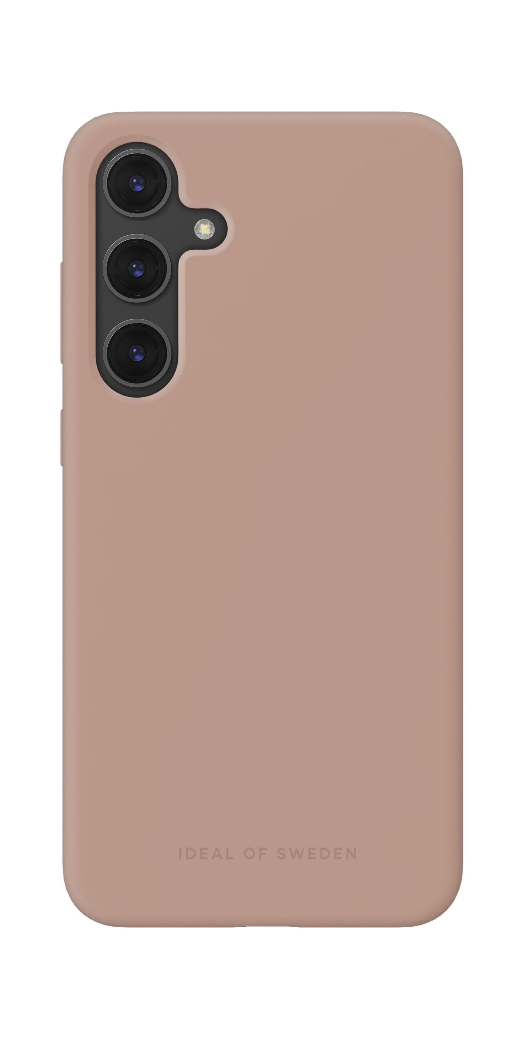 Brązowe etui na telefon. Trzy aparaty. Tekst Ideal of Sweden na dole.