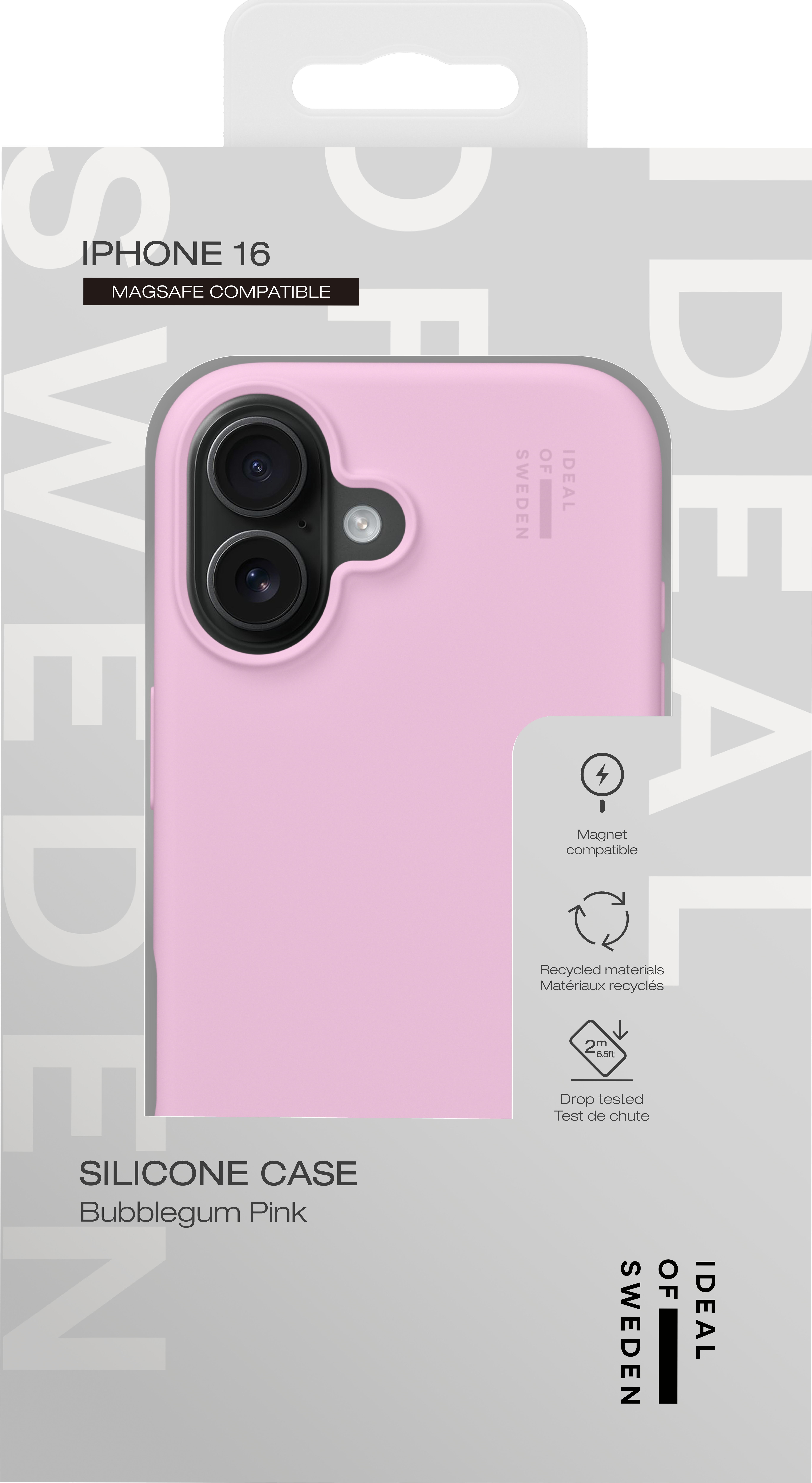 Rosa Handyhülle in Verpackung. Zeigt Telefon, Ideal of Sweden Logo und Funktionen.
