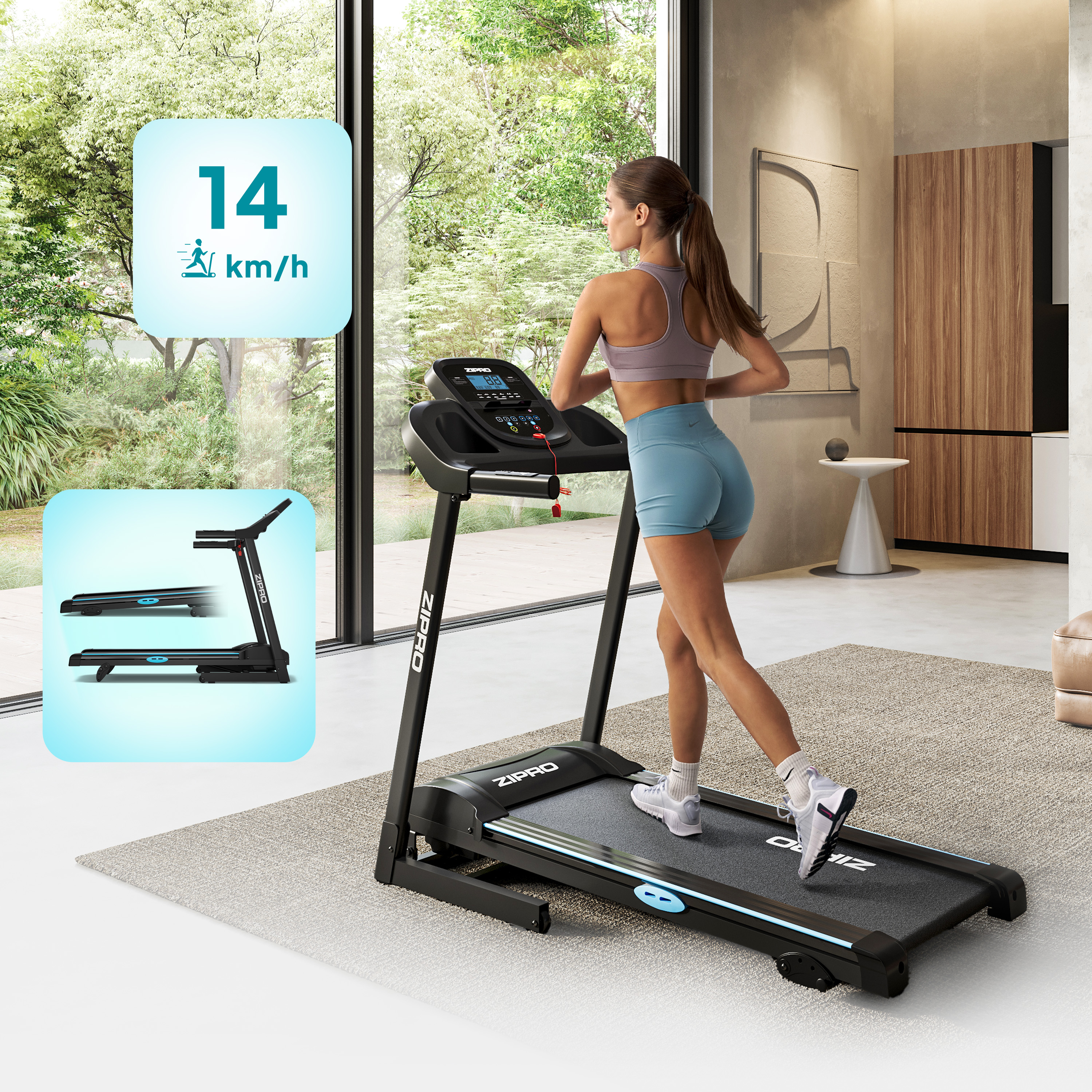 Eine Frau läuft auf einem Laufband mit Hintergrund eines Fensters und eines zweiten Laufbands.