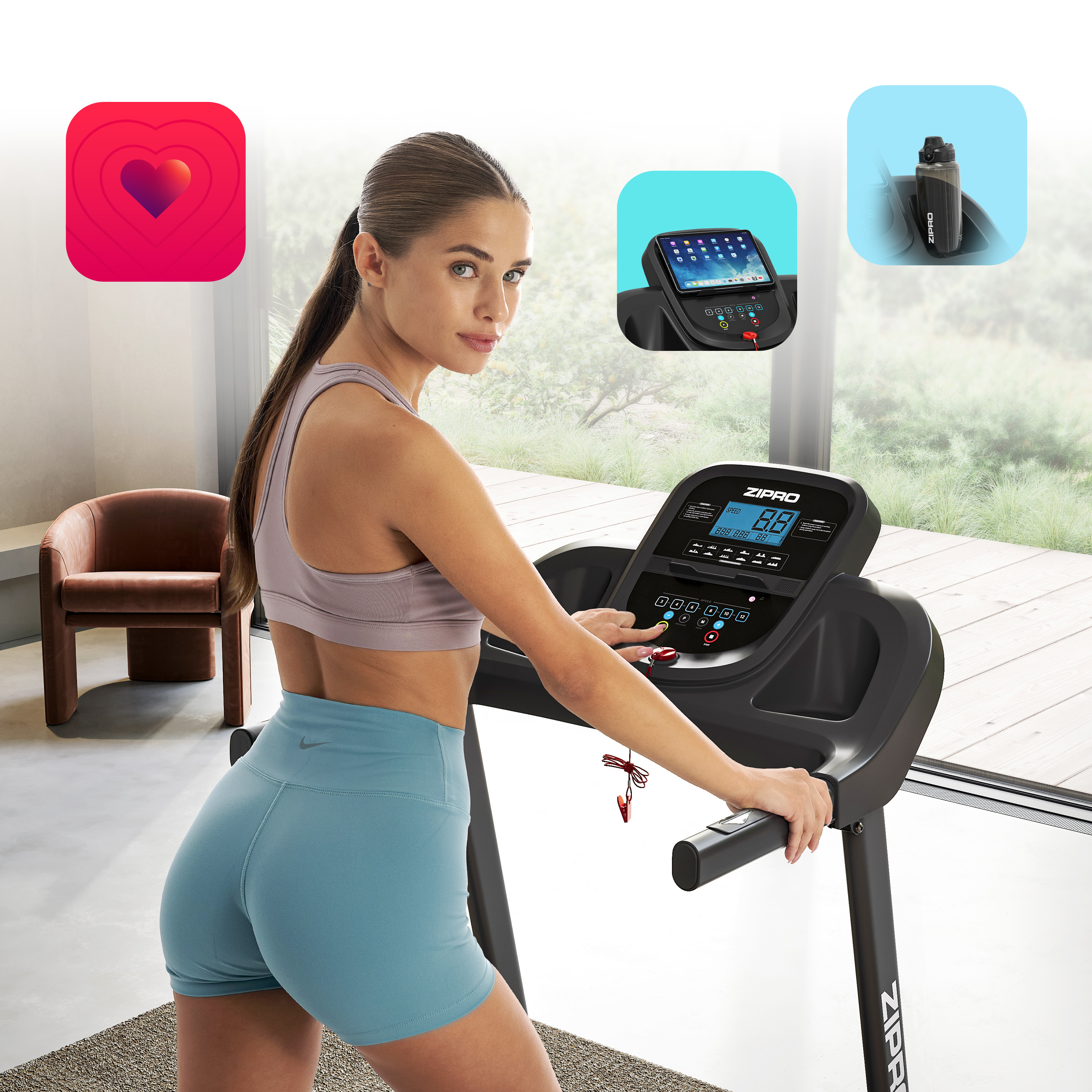 Frau auf einem Laufband, mit App-Symbolen im Hintergrund.