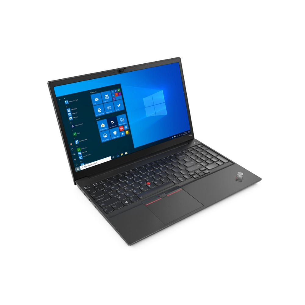 Portátil negro con pantalla de Windows abierta. El teclado es visible con un trackpoint rojo. El fondo es blanco.