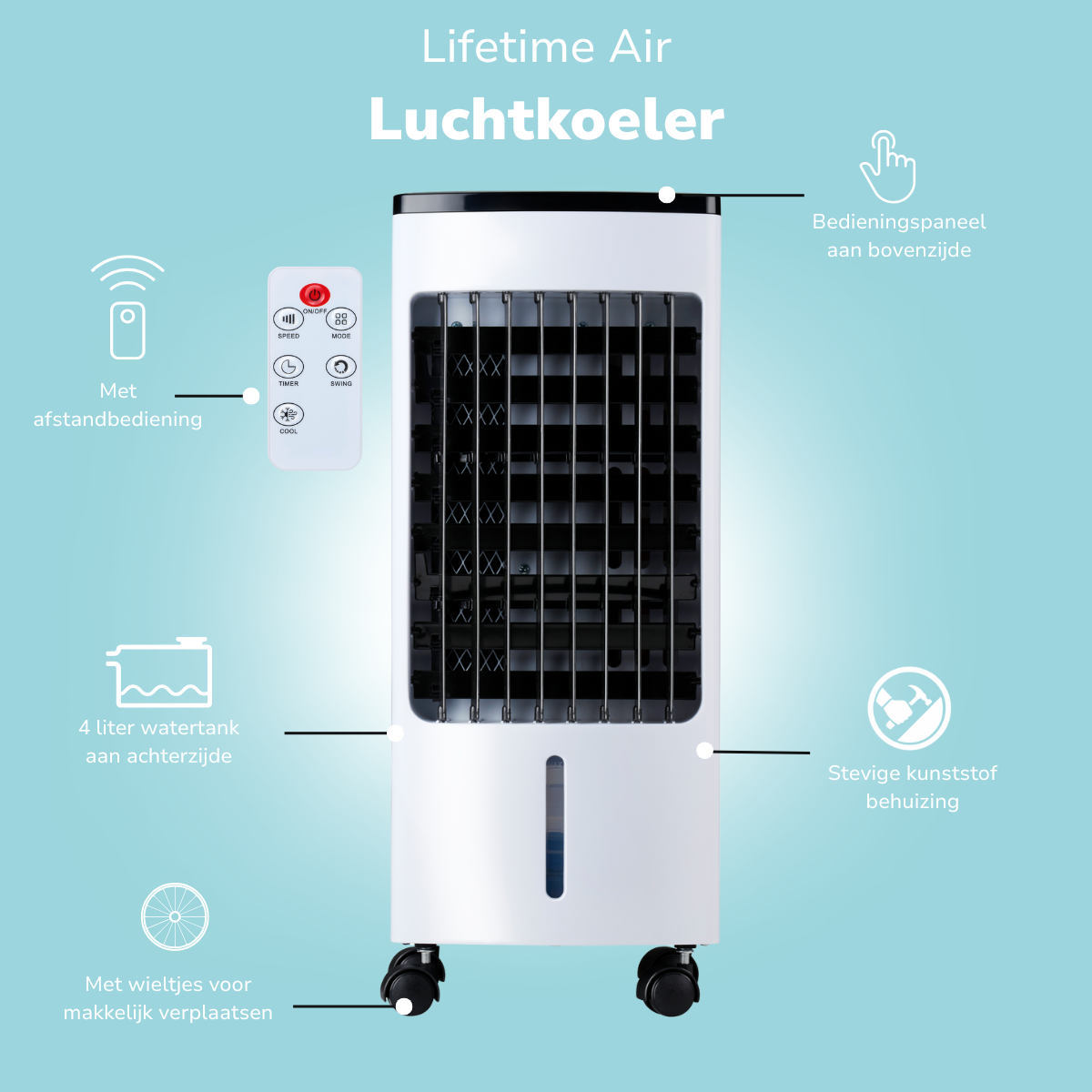 Refroidisseur d'air blanc avec télécommande, réservoir d'eau 4L et roues. Comprend panneau de commande et boîtier plastique robuste.