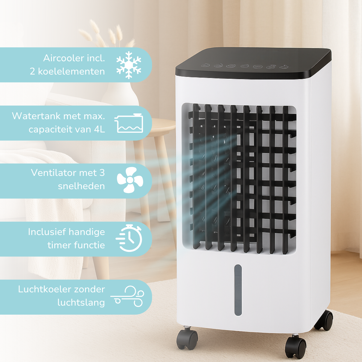 Refroidisseur d'air blanc avec dessus noir, avec 2 éléments de refroidissement, réservoir d'eau 4L, 3 vitesses et minuterie.
