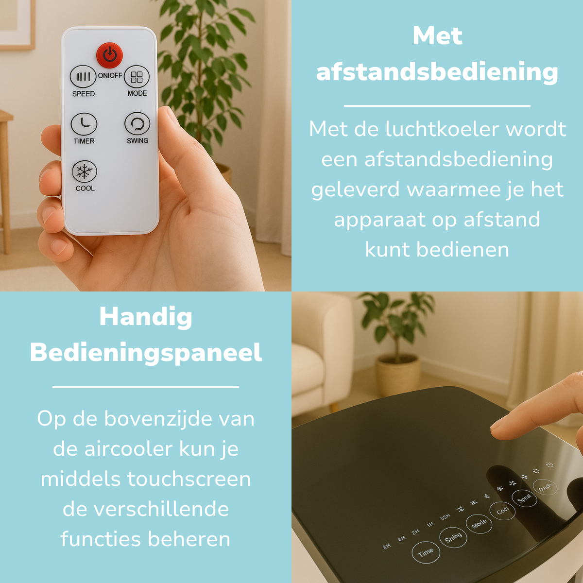 Main tenant télécommande et touchant écran tactile refroidisseur. Texte: 'Avec télécommande' et 'Panneau de commande pratique'.