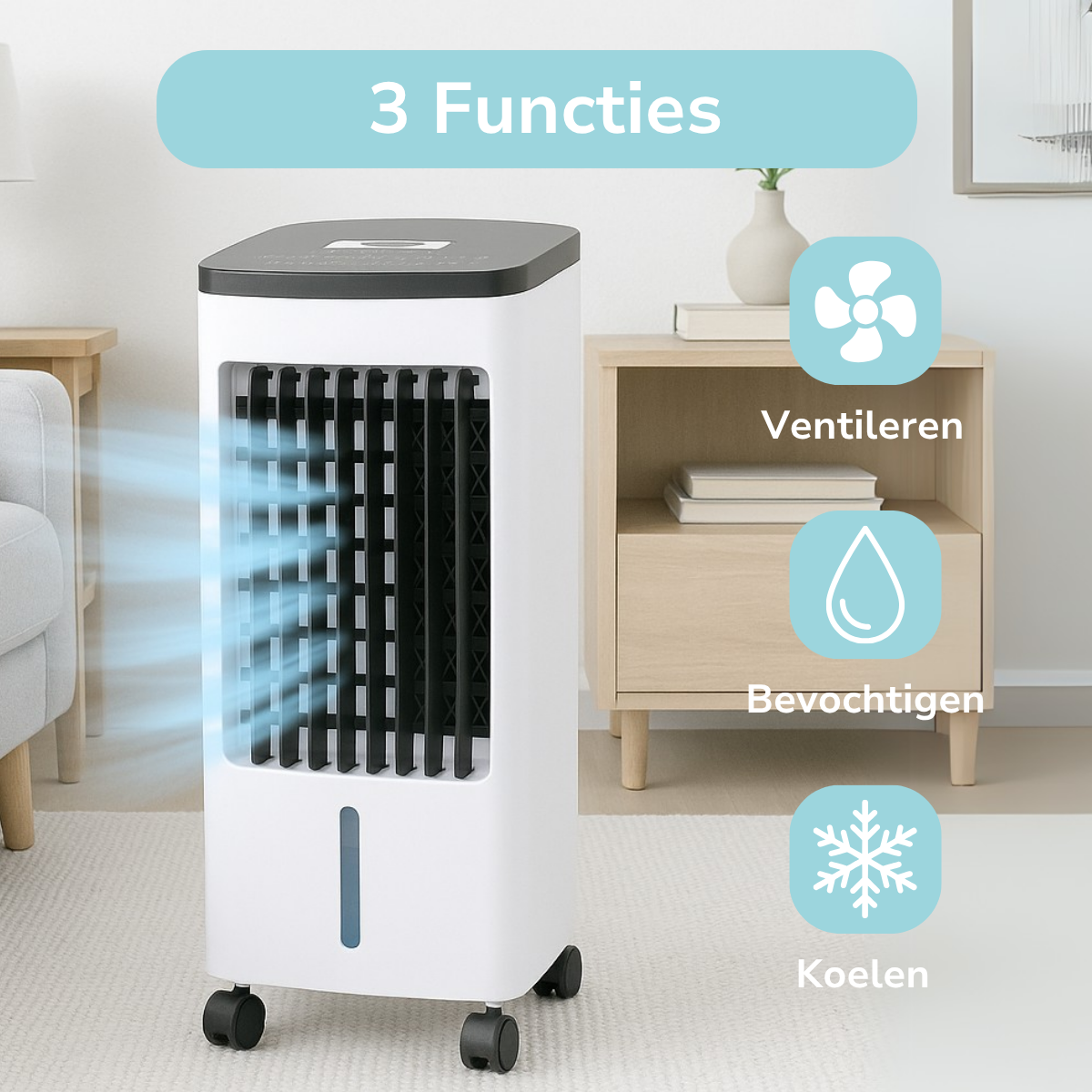Refroidisseur d'air blanc avec trois fonctions: ventilation, humidification et refroidissement. De l'air bleu sort.