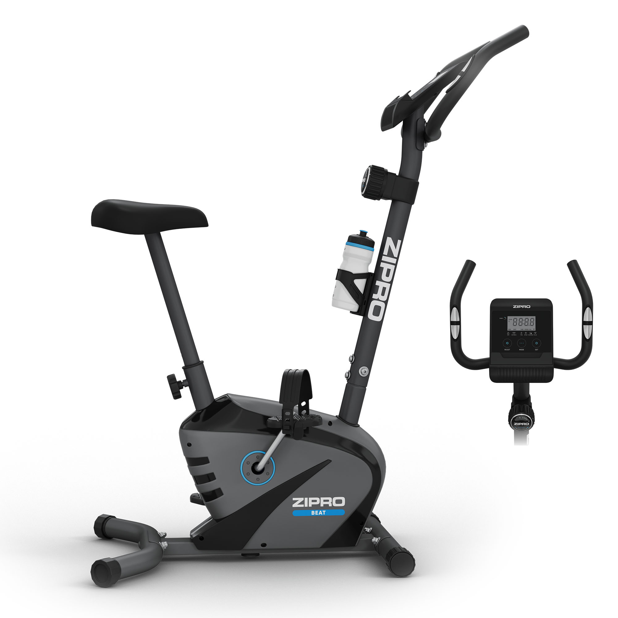 Stationäres Trainingsfahrrad mit schwarz-grauem Rahmen, einer Wasserflasche und einem Digitaldisplay. Die Marke ist ZIPRO.