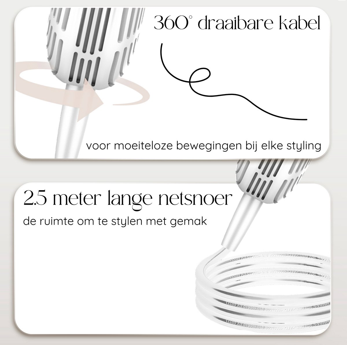 Schéma montrant un sèche-cheveux avec un câble rotatif à 360° et un cordon d'alimentation de 2,5 mètres pour le coiffage.