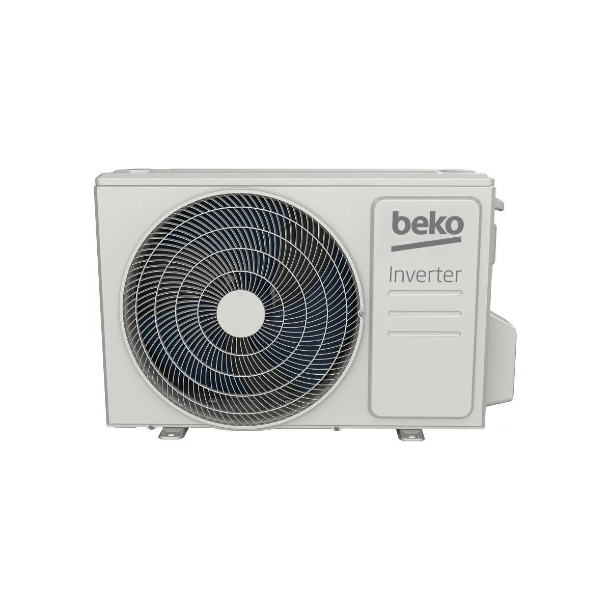Unità esterna del condizionatore Beko bianca. Include una griglia del ventilatore e il logo Beko Inverter.