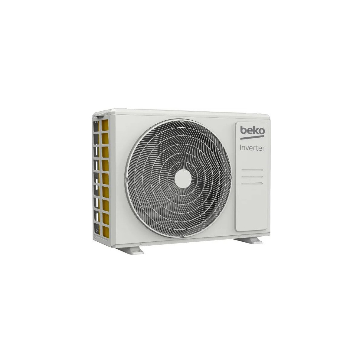 Unità esterna del condizionatore Beko bianca. L'unità presenta una ventola e il logo Beko Inverter sul lato.