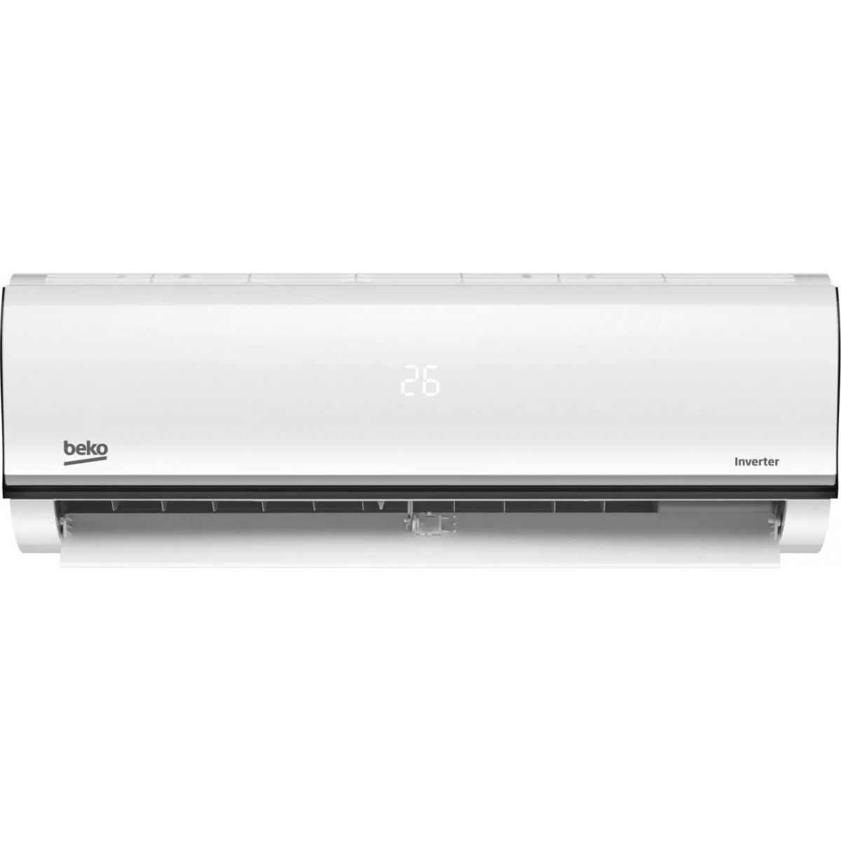Condizionatore Beko bianco con display digitale che mostra la temperatura di 26.