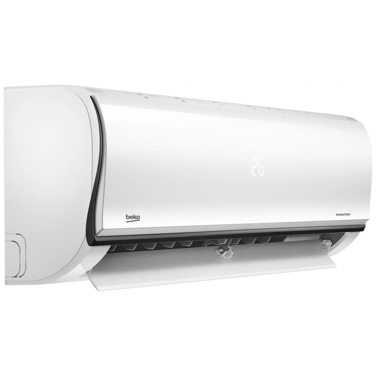 Condizionatore bianco su un muro bianco. Il display mostra 26. Il logo Beko è visibile.