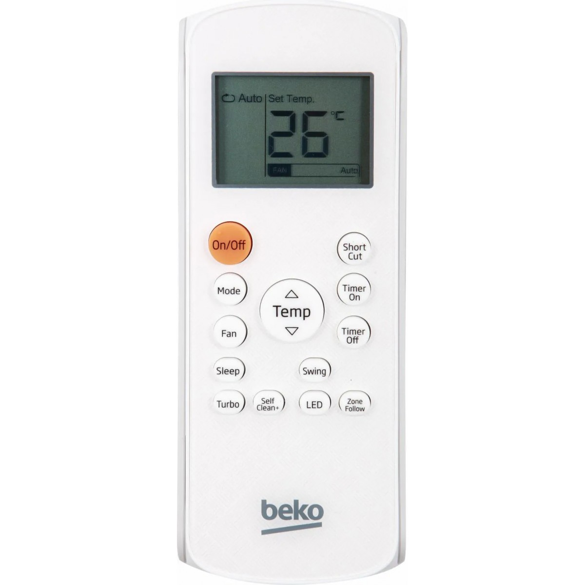 Telecomando bianco per condizionatore Beko. Ha molti pulsanti e un display che mostra la temperatura.