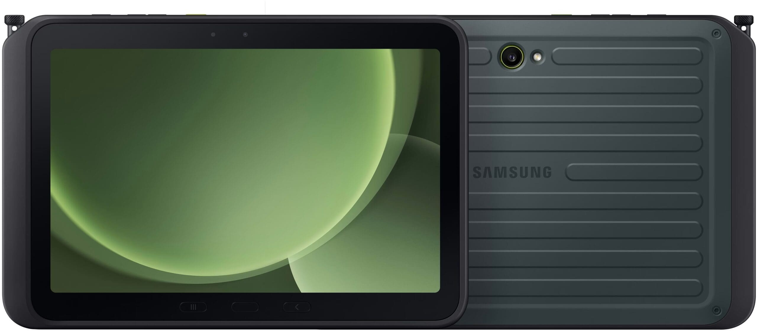 Wytrzymały tablet z zielonym ekranem. Tył ma teksturowany wzór z widocznym logo Samsung.