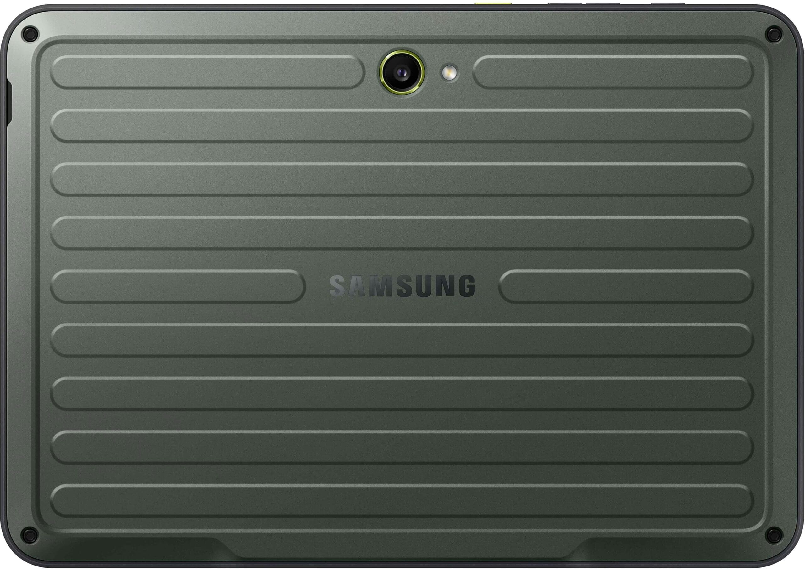 Wytrzymały tył tabletu z poziomymi liniami, aparatem i logo Samsung.