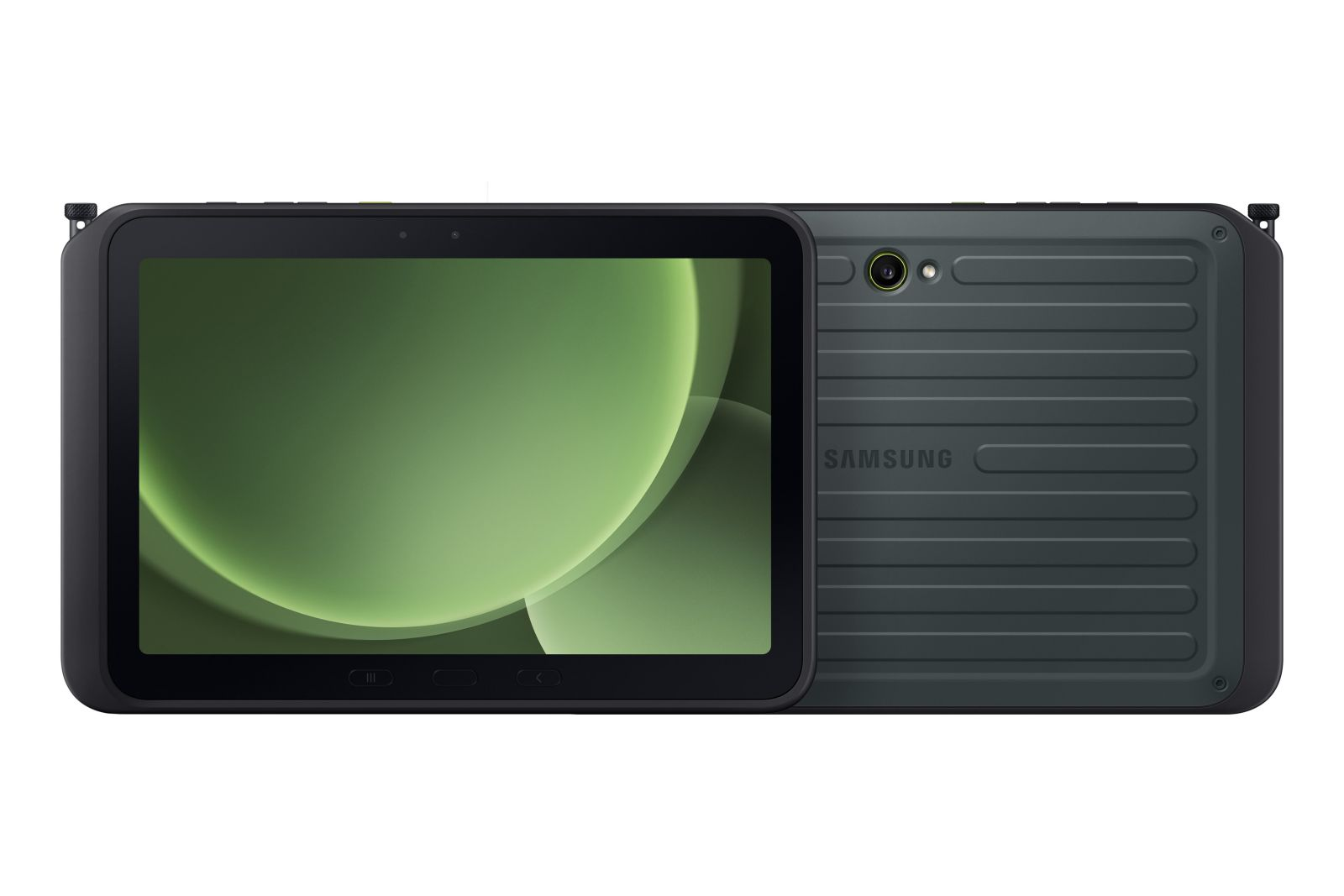 Tablet Samsung z zielonym ekranem. Tył jest ciemnozielony z aparatem. Ekran pokazuje zielony wzór.