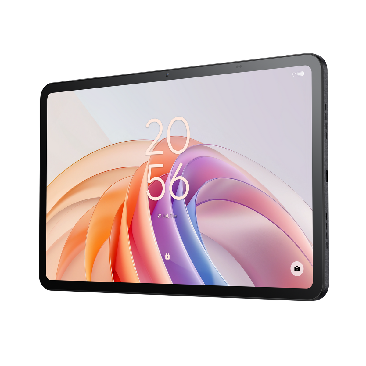 Tablet z godziną 20:56. Ekran ma kolorowy, abstrakcyjny wzór z różem i pomarańczem.