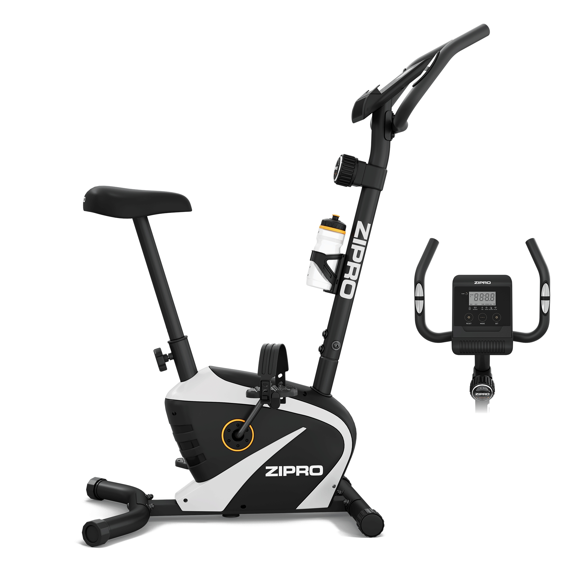 Heimtrainer. Schwarz-weißer Rahmen. Digitalanzeige und Wasserflaschenhalter sichtbar.