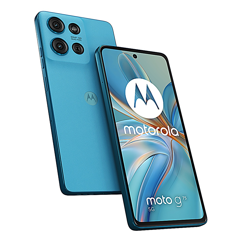 Blaues Motorola-Telefon, Bildschirm zeigt, Dreifachkamera auf der Rückseite.