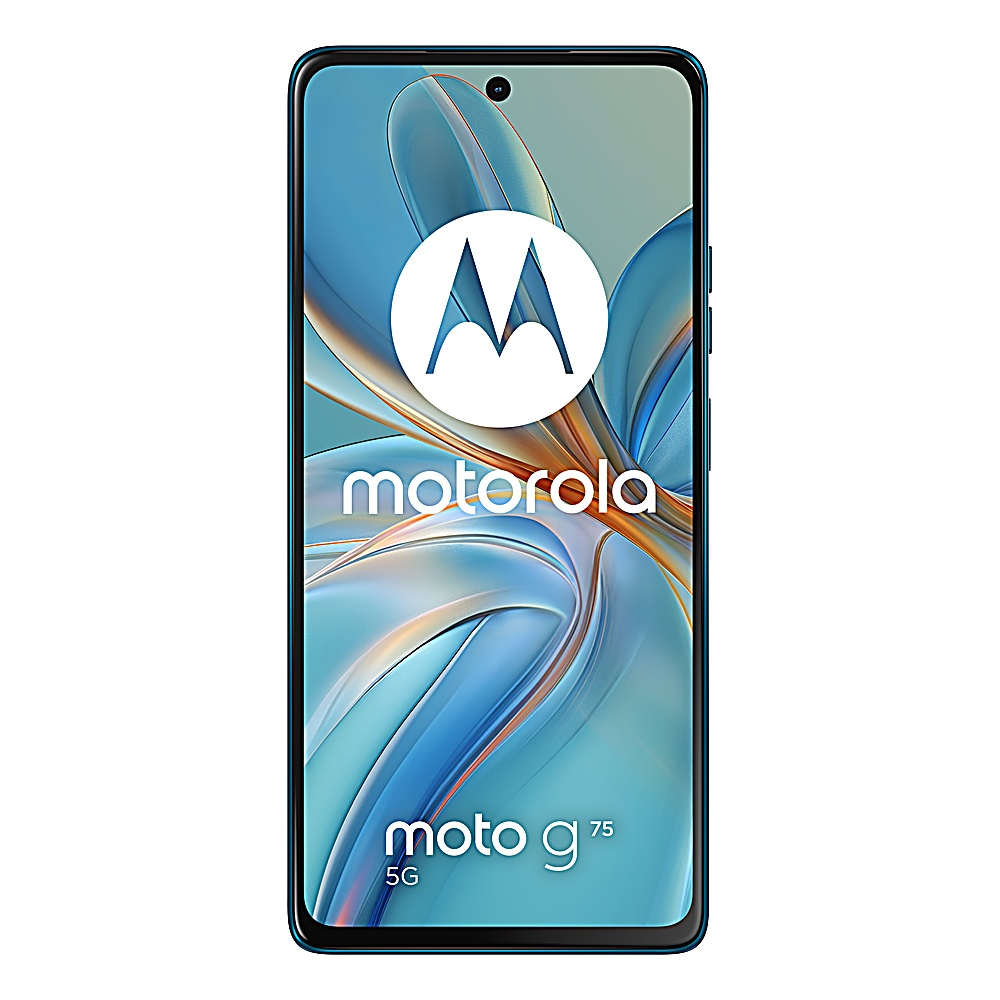Blaues Motorola-Telefon, Vorderansicht, Bildschirm zeigt Motorola-Logo und Uhrzeit.