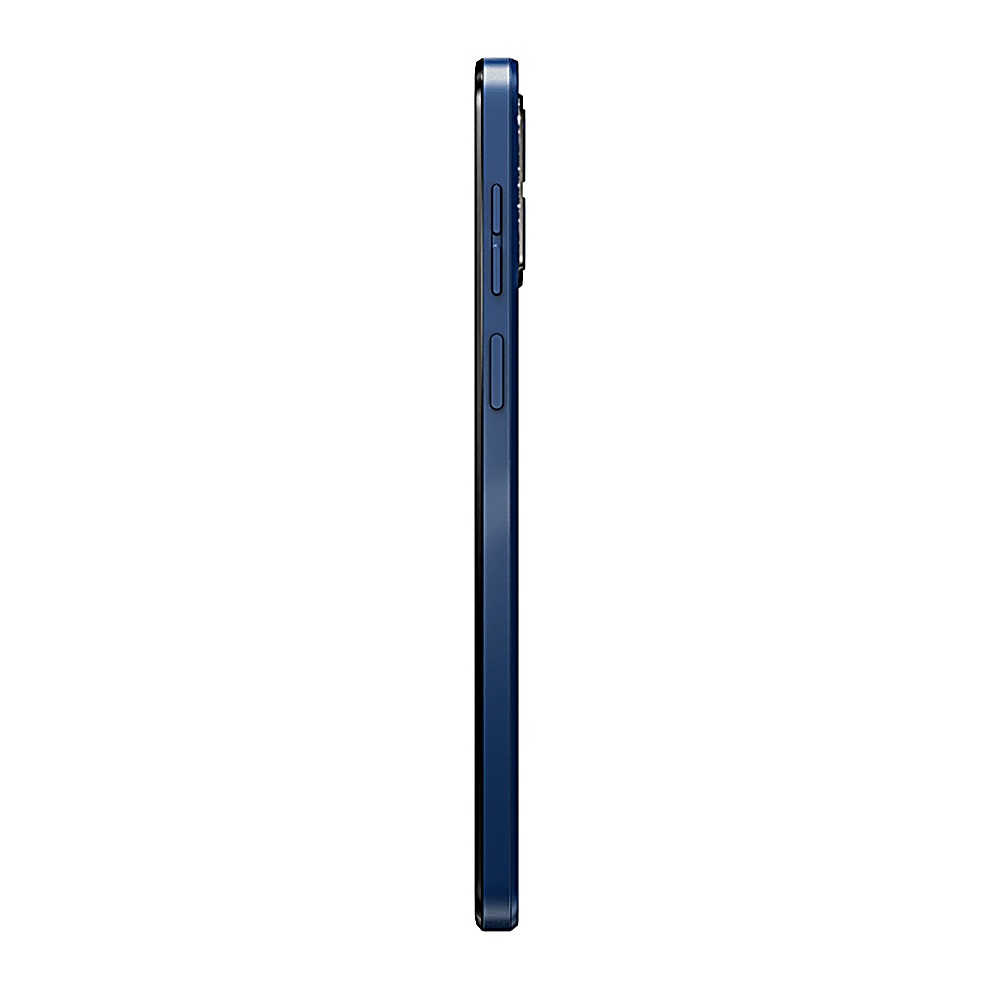 Seitenansicht eines blauen Smartphones mit Lautstärketasten und Ein-/Aus-Taste.