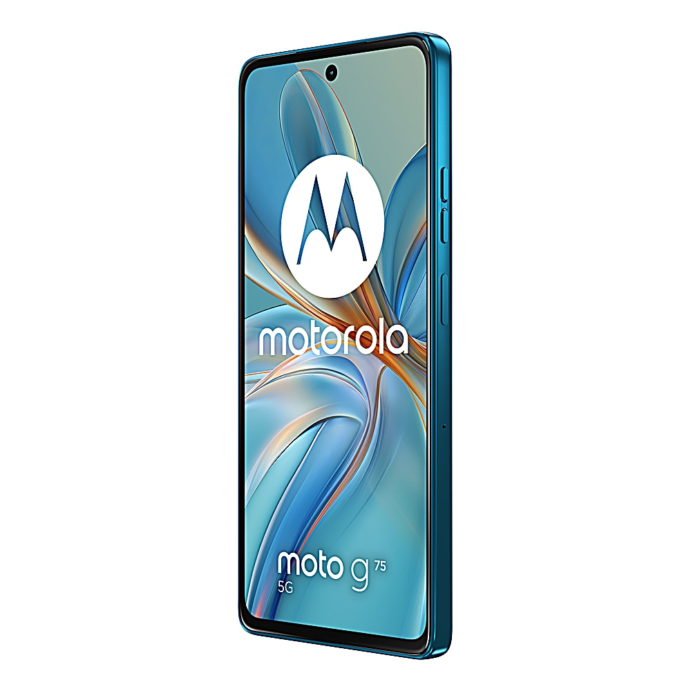 Ein blaues Motorola-Telefon mit Motorola-Logo und Moto g75 5G-Text. Das Telefon ist diagonal positioniert.