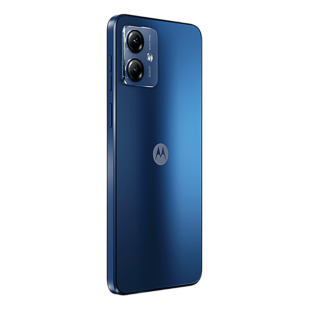 Rückseite eines blauen Motorola-Telefons mit Dual-Kameras und Logo. Es hat eine glänzende Oberfläche mit mattem Finish.