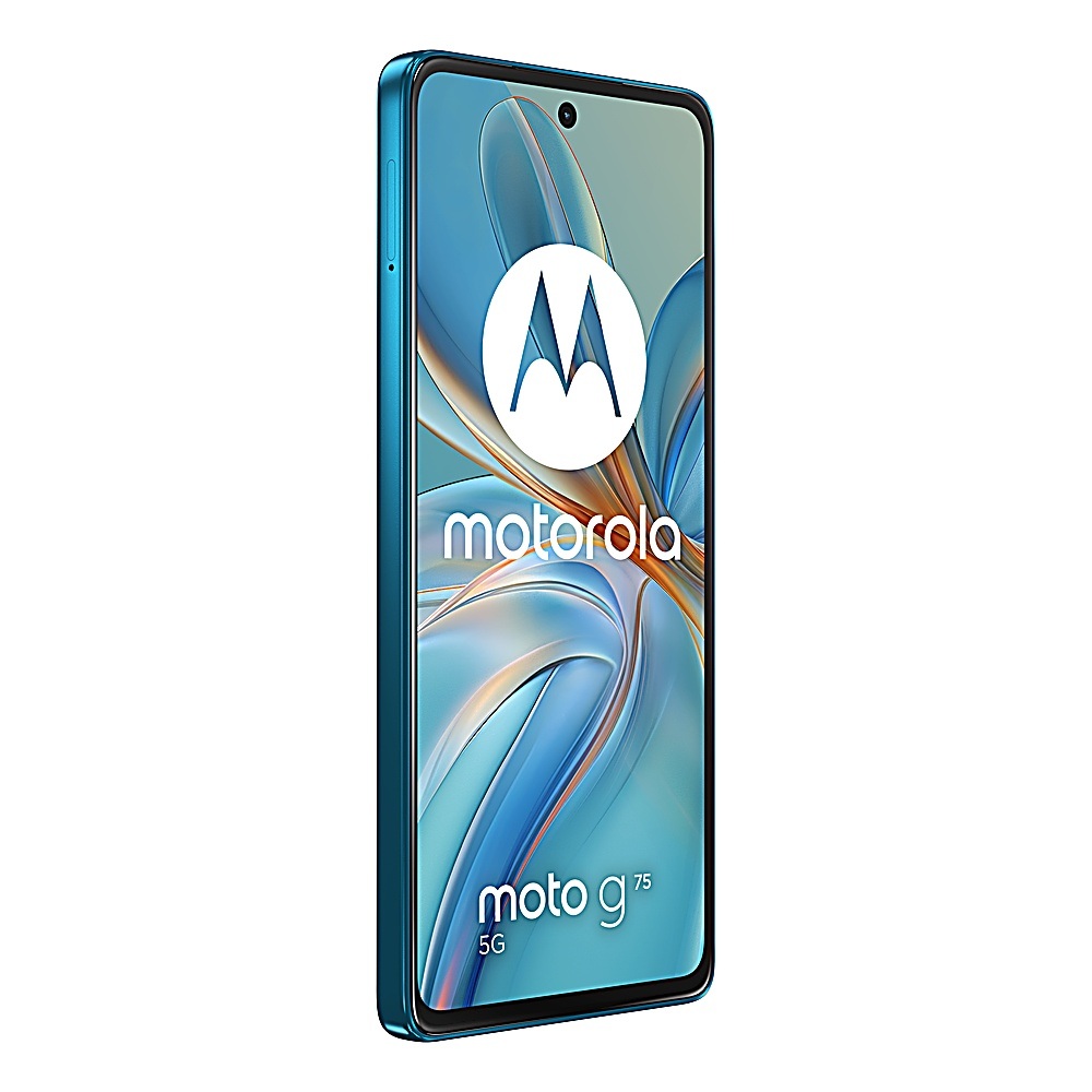 Ein blaues Motorola-Telefon mit dem Motorola-Logo. Das Telefon ist diagonal platziert.