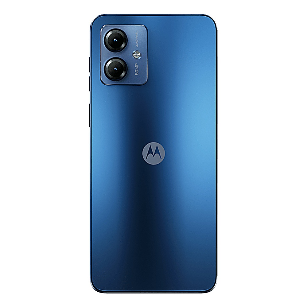 Ein blaues Smartphone wird von hinten gezeigt und verfügt über eine Dual-Kamera und ein Motorola-Logo.