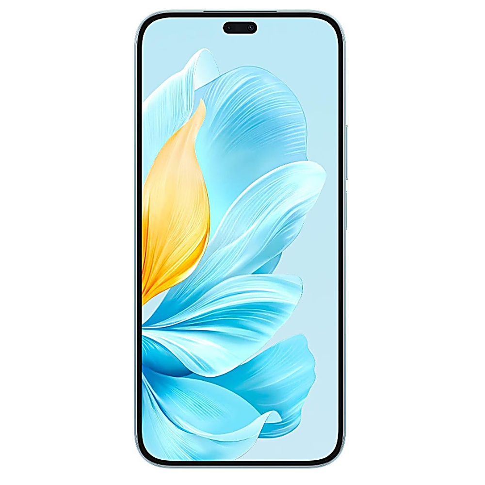 Un teléfono inteligente con pantalla azul que muestra un diseño floral. El teléfono tiene un marco azul claro.