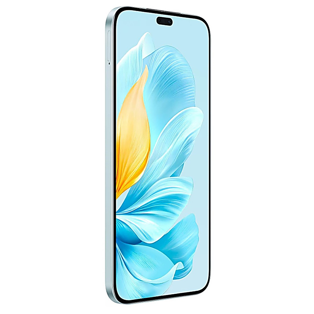 Un teléfono inteligente con pantalla azul que muestra un diseño floral. El teléfono tiene un marco azul claro.