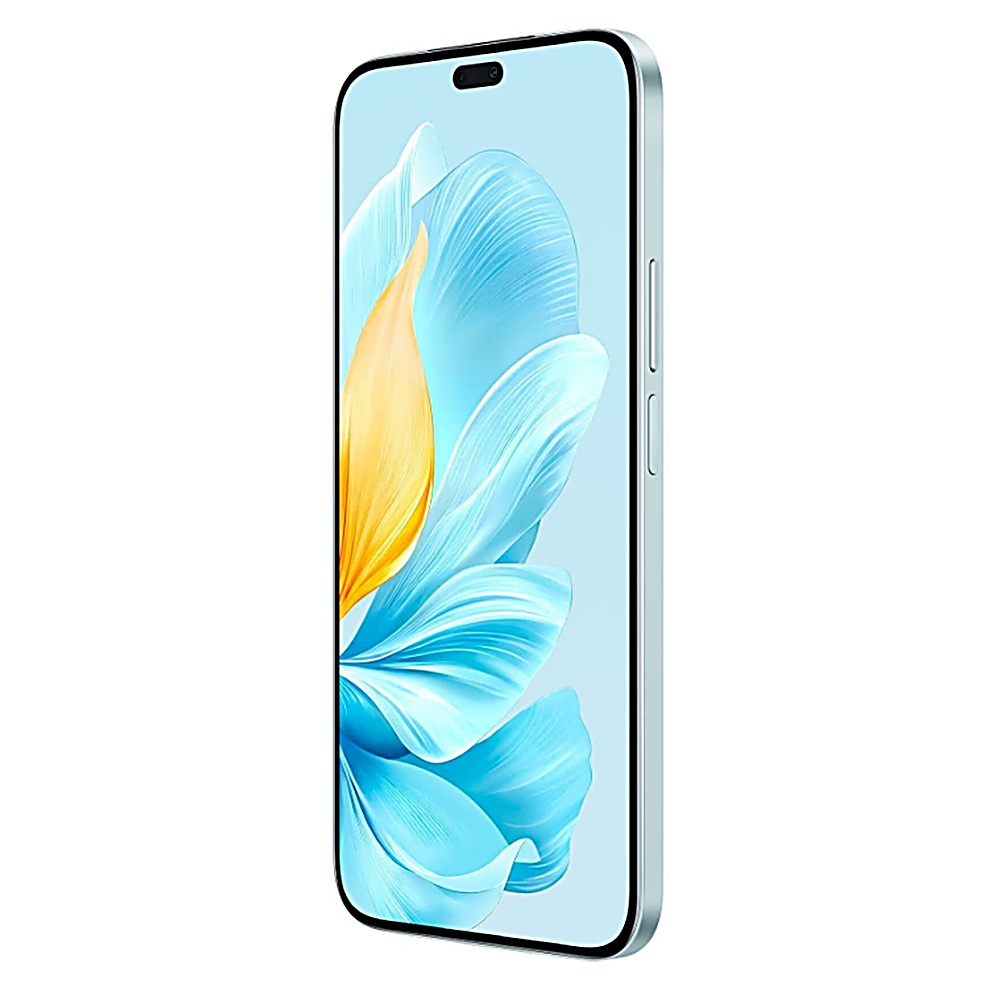 Un teléfono inteligente con pantalla azul que muestra un diseño floral, similar a la primera imagen, pero en ángulo.