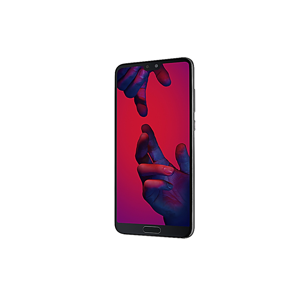 Schwarzes Telefon mit Händen auf dem Bildschirm. Roter und violetter Farbverlaufshintergrund. Hände berühren sich.