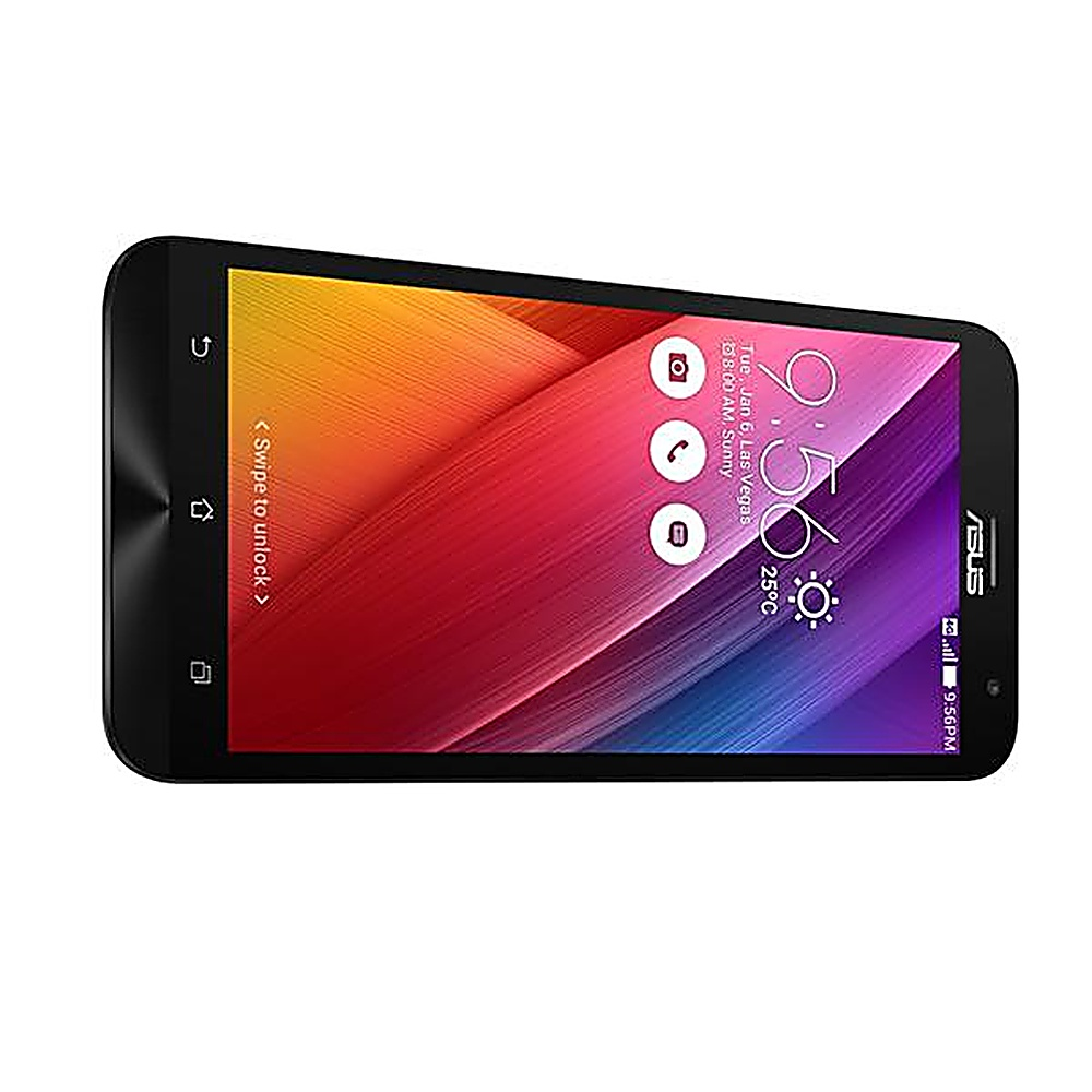 Schermo smartphone nero che mostra ora, data e icone. Visibile la parola ASUS.